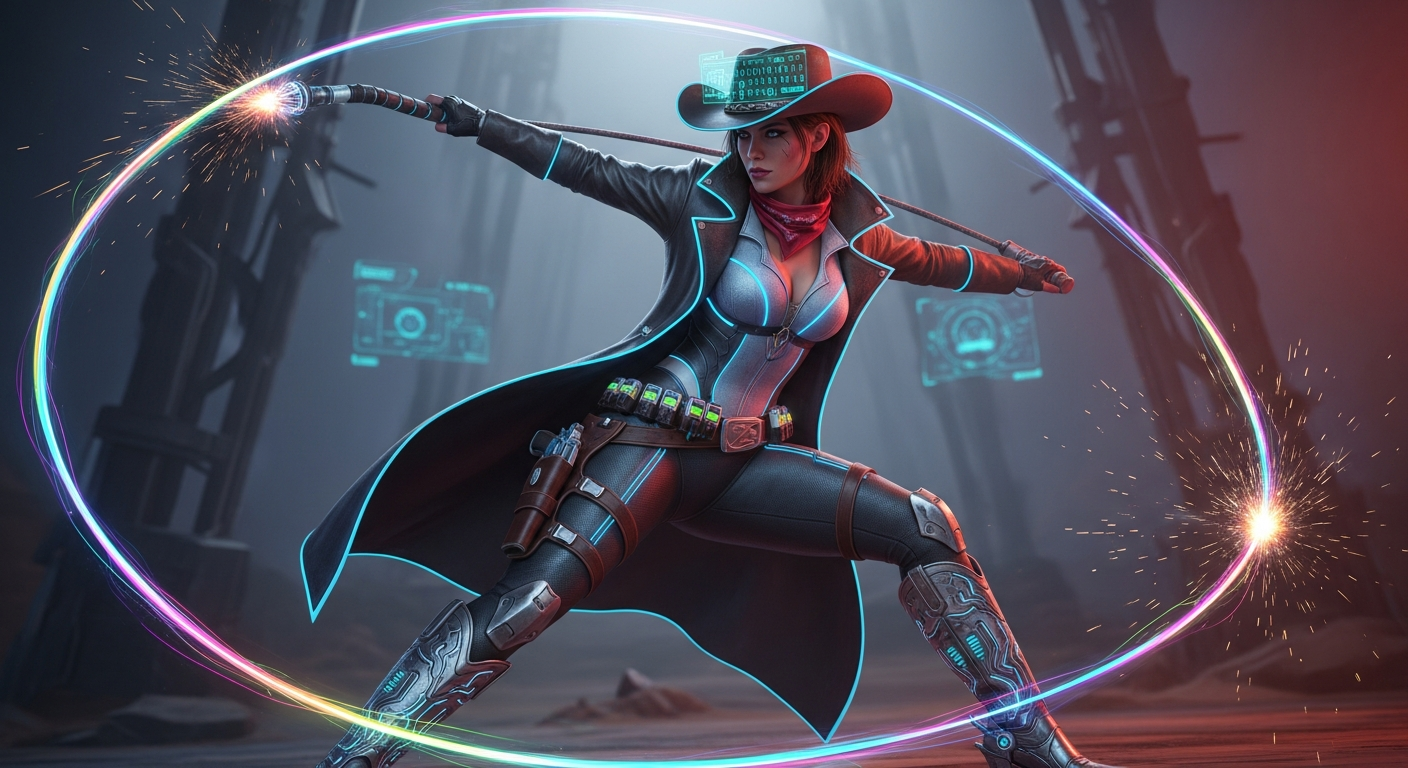 Female Cyber Cowgirl with Rainbow Lifesaber
